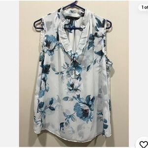White House Black Market Floral V-Neck Blouse - Blue and White